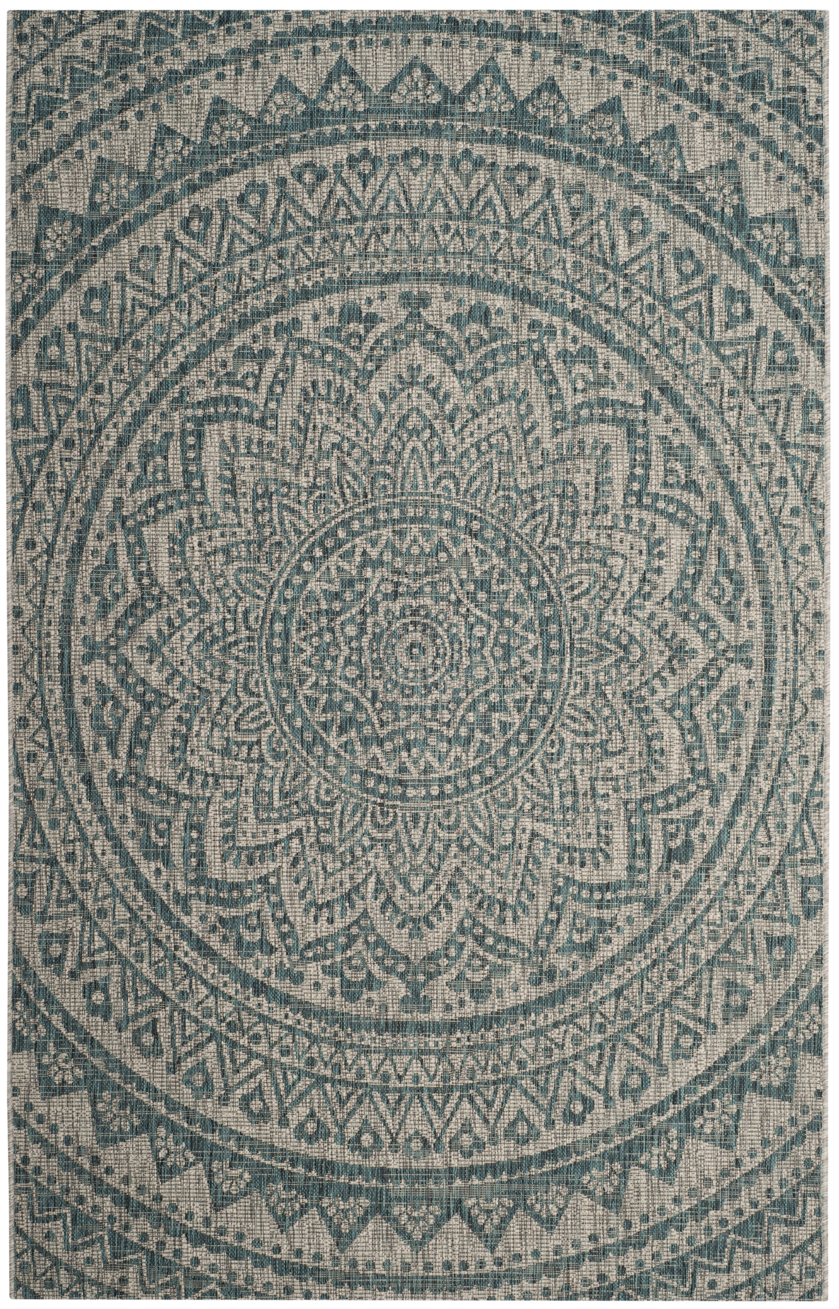 SAFAVIEH Courtyard Josiah Floral Medallion Indoor/Outdoor Area Rug, Light Grey/Teal, 6'7" x 9'6"