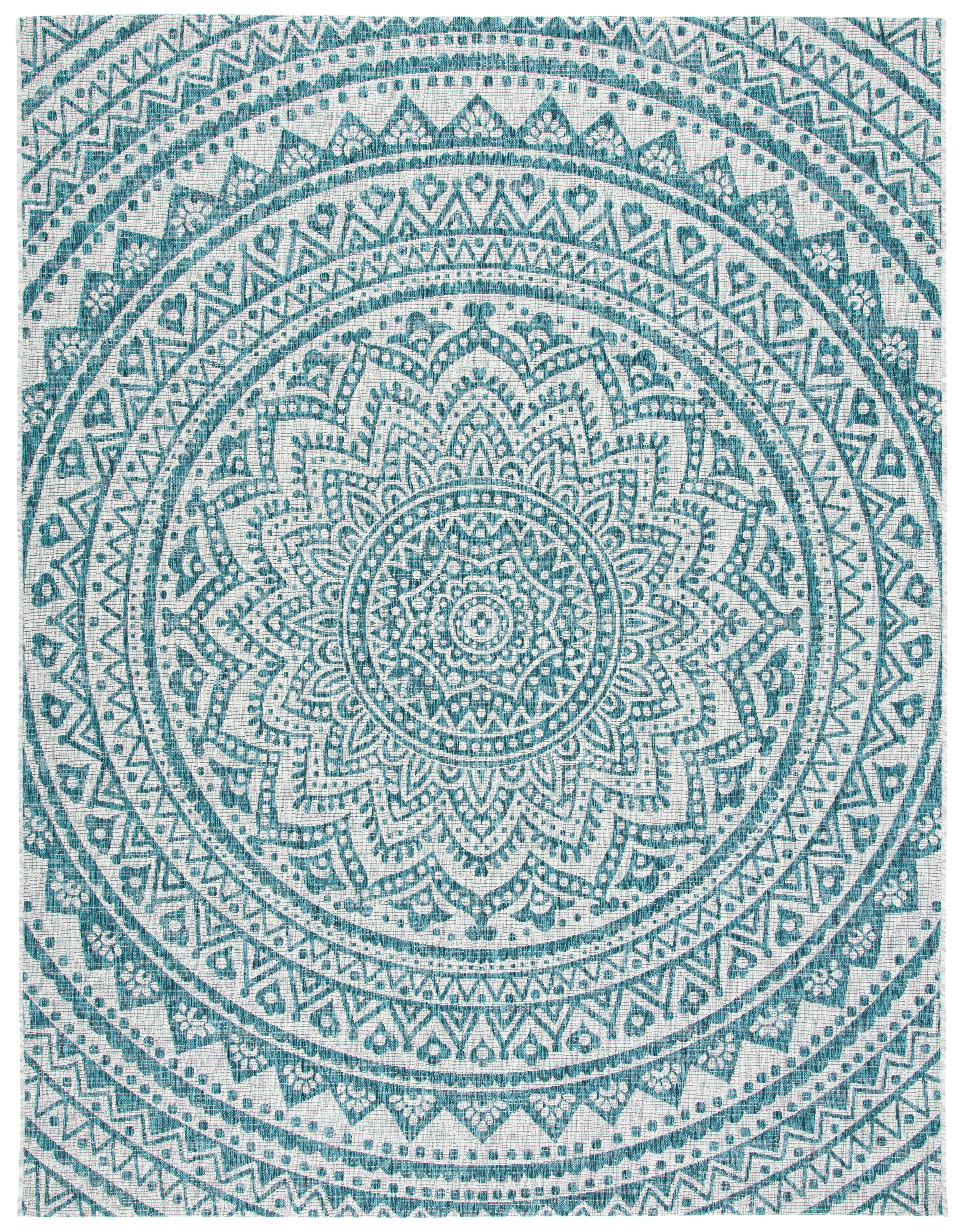 SAFAVIEH Courtyard Josiah Floral Medallion Indoor/Outdoor Area Rug, Light Grey/Teal, 8' x 10'