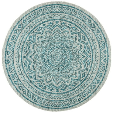 SAFAVIEH Courtyard Josiah Floral Medallion Indoor/Outdoor Area Rug, Light Grey/Teal, 9' x 9' Round