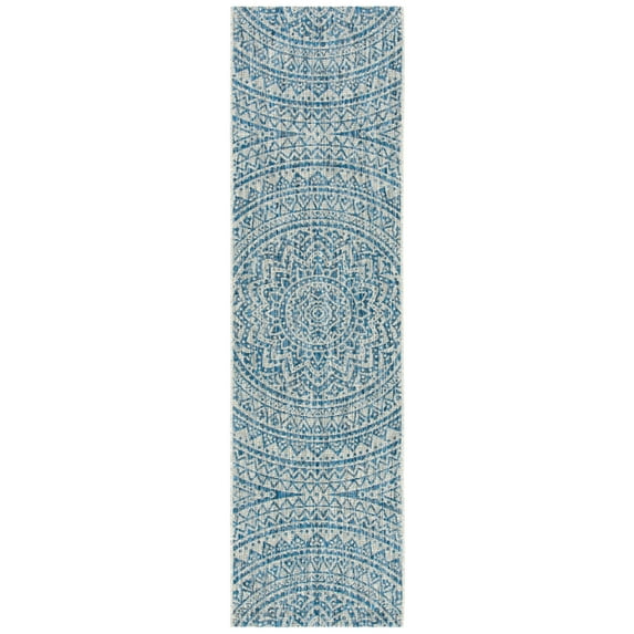 SAFAVIEH Courtyard Josiah Floral Medallion Indoor/Outdoor Runner, 2'3" x 8', Light Grey/Blue