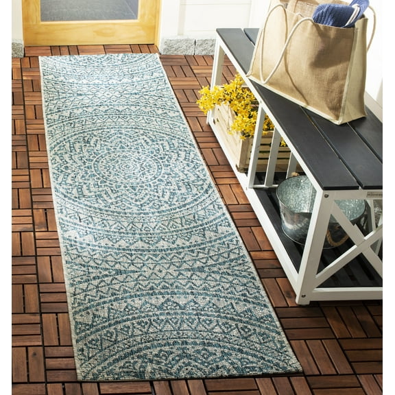 SAFAVIEH Courtyard Josiah Floral Medallion Indoor/Outdoor Runner, 2'3" x 8', Light Grey/Teal