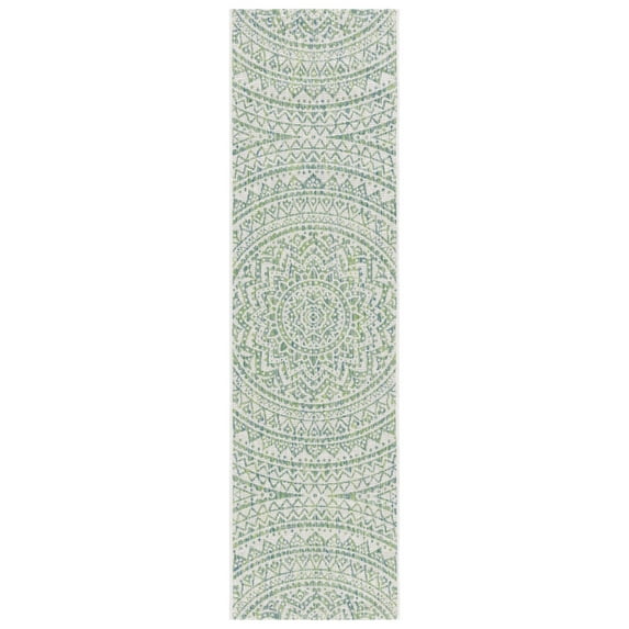 SAFAVIEH Courtyard Josiah Floral Medallion Indoor/Outdoor Runner Rug, Ivory/Green, 2'3" x 5'