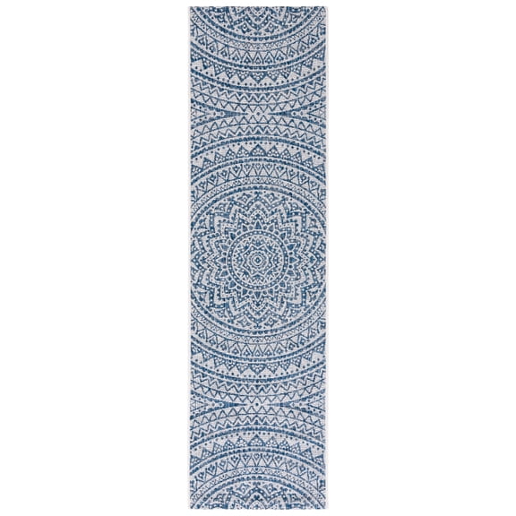 SAFAVIEH Courtyard Josiah Floral Medallion Indoor/Outdoor Runner Rug, Ivory/Navy, 2'3" x 8'