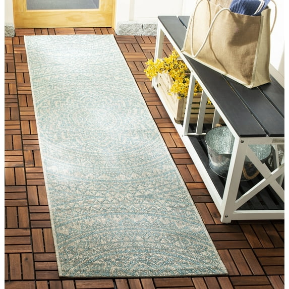 SAFAVIEH Courtyard Josiah Floral Medallion Indoor/Outdoor Runner Rug, Light Grey/Aqua, 2'3" x 10'