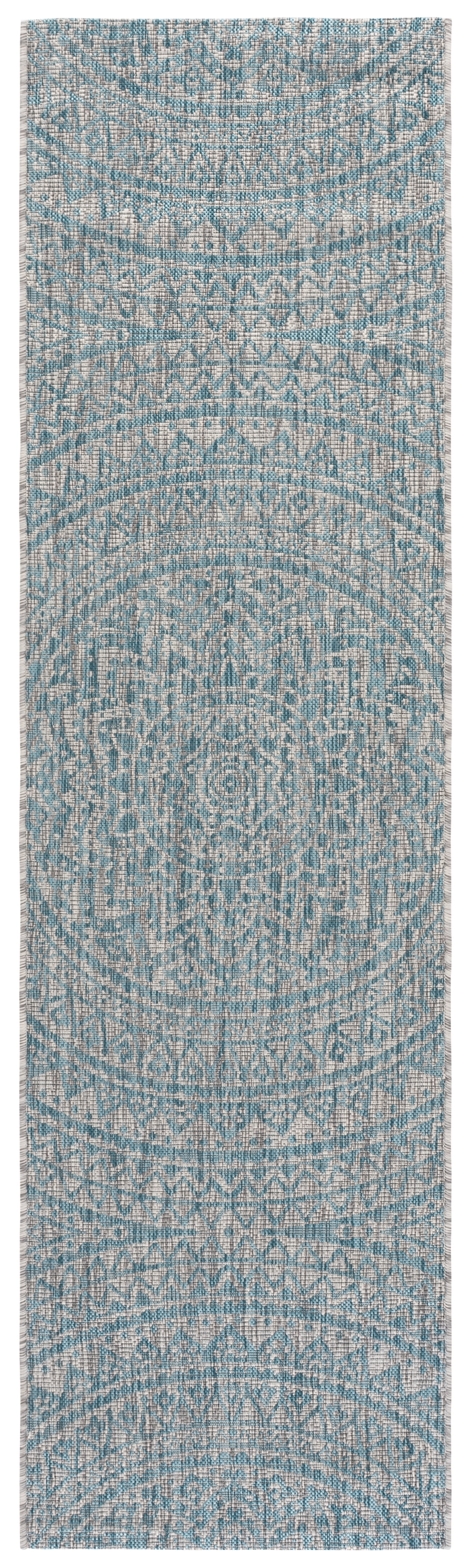 SAFAVIEH Courtyard Josiah Floral Medallion Indoor/Outdoor Runner Rug, Light Grey/Aqua, 2'3" x 16'