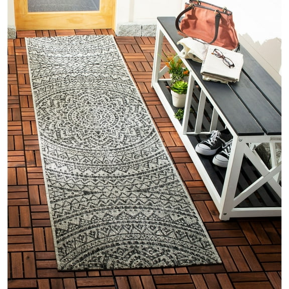 SAFAVIEH Courtyard Josiah Floral Medallion Indoor/Outdoor Runner Rug, Light Grey/Black, 2'3" x 8'