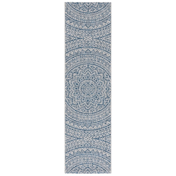 SAFAVIEH Courtyard Josiah Floral Medallion Indoor/Outdoor Runner Rug, Light Grey/Blue, 2'3" x 14'