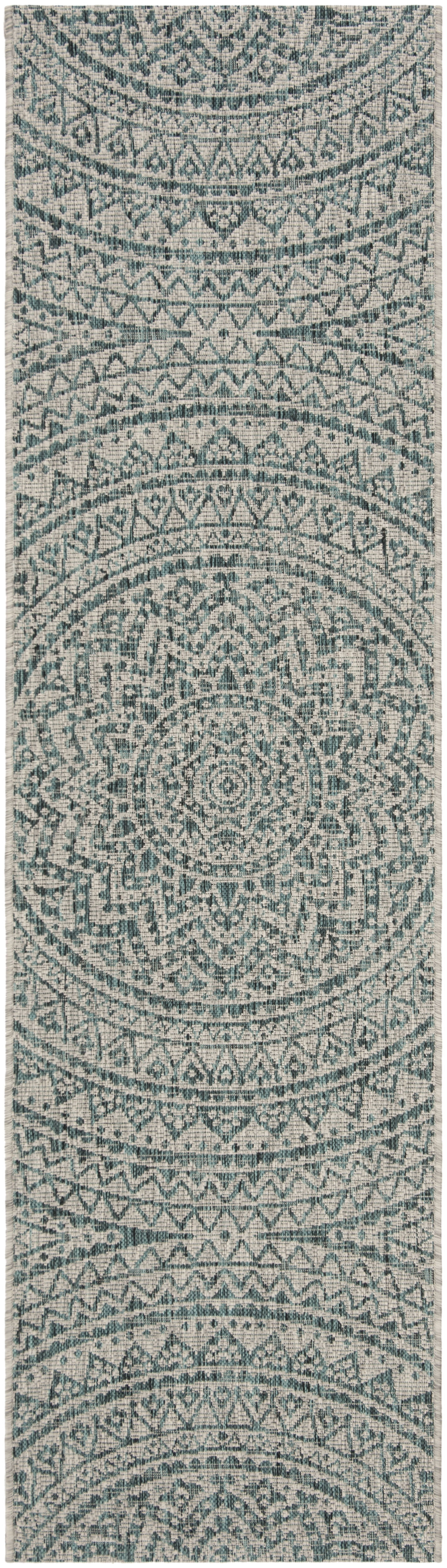 SAFAVIEH Courtyard Josiah Floral Medallion Indoor/Outdoor Runner Rug, Light Grey/Teal, 2'3" x 12'