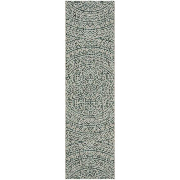 SAFAVIEH Courtyard Josiah Floral Medallion Indoor/Outdoor Runner Rug, Light Grey/Teal, 2'3" x 5'