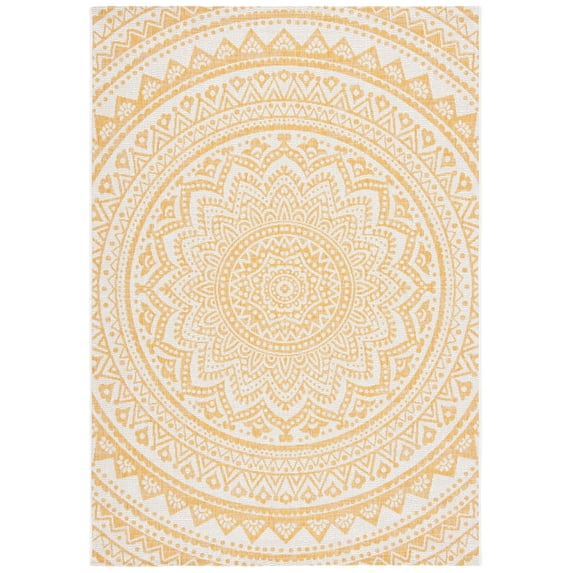 SAFAVIEH Courtyard Josiah Geometric Indoor/Outdoor Area Rug, Ivory/Gold, 9' x 12'