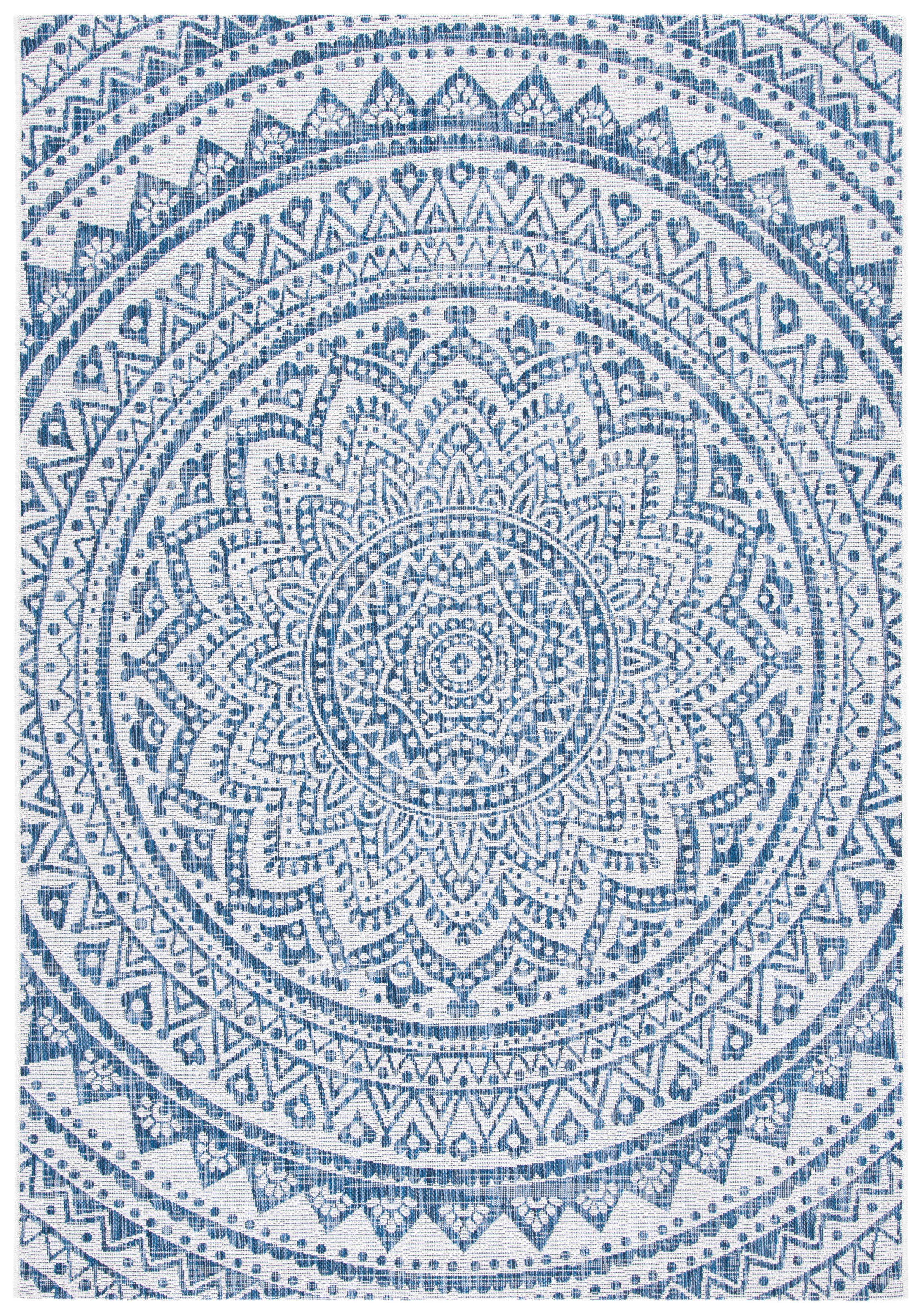 Ivory and Navy Geometric Round Synthetic Area Rug