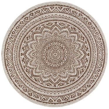 SAFAVIEH Courtyard Josiah Geometric Indoor/Outdoor Area Rug, Light Beige/Light Brown, 9' x 9' Round