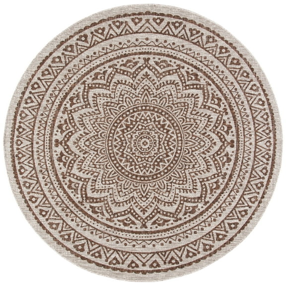 SAFAVIEH Courtyard Josiah Geometric Indoor/Outdoor Area Rug, Light Beige/Light Brown, 9' x 9' Round