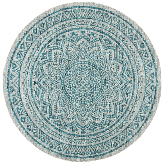 SAFAVIEH Courtyard Josiah Geometric Indoor/Outdoor Area Rug, Light Grey/Teal, 3' x 3' Round