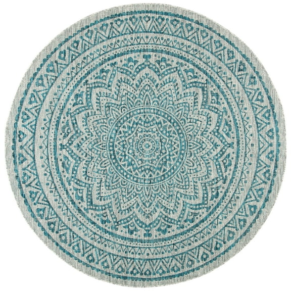 SAFAVIEH Courtyard Josiah Geometric Indoor/Outdoor Area Rug, Light Grey/Teal, 3' x 3' Round