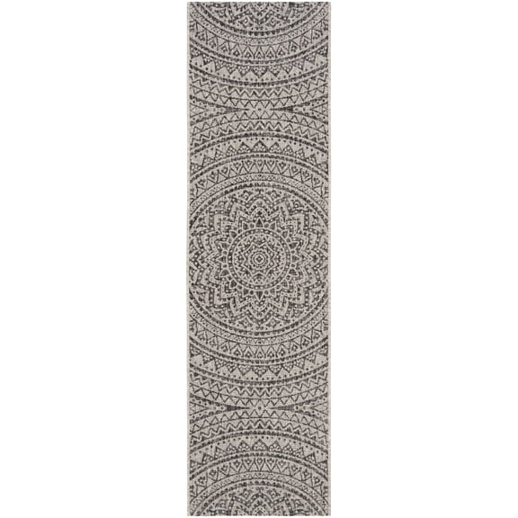 SAFAVIEH Courtyard Josiah Geometric Indoor/Outdoor Runner Rug, Light Grey/Black, 2'3" x 18'