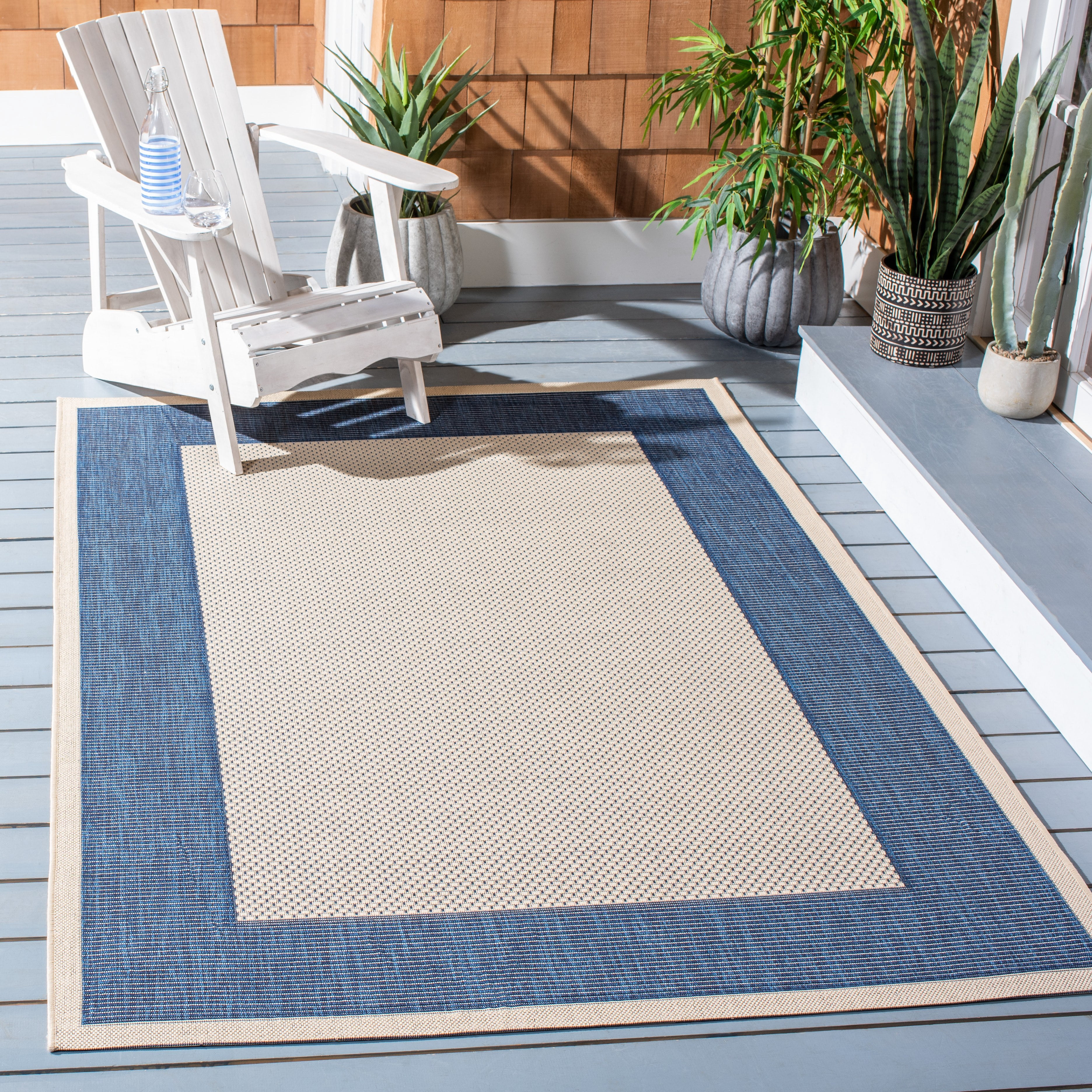 Safavieh Courtyard Justine Bordered Indoor/Outdoor Area Rug, Beige/Navy, 6'7" x 9'6"