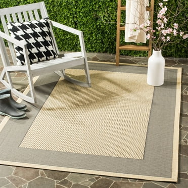 SAFAVIEH Courtyard Justine Bordered Indoor/Outdoor Area Rug, Grey/Cream, 4' x 5'7"