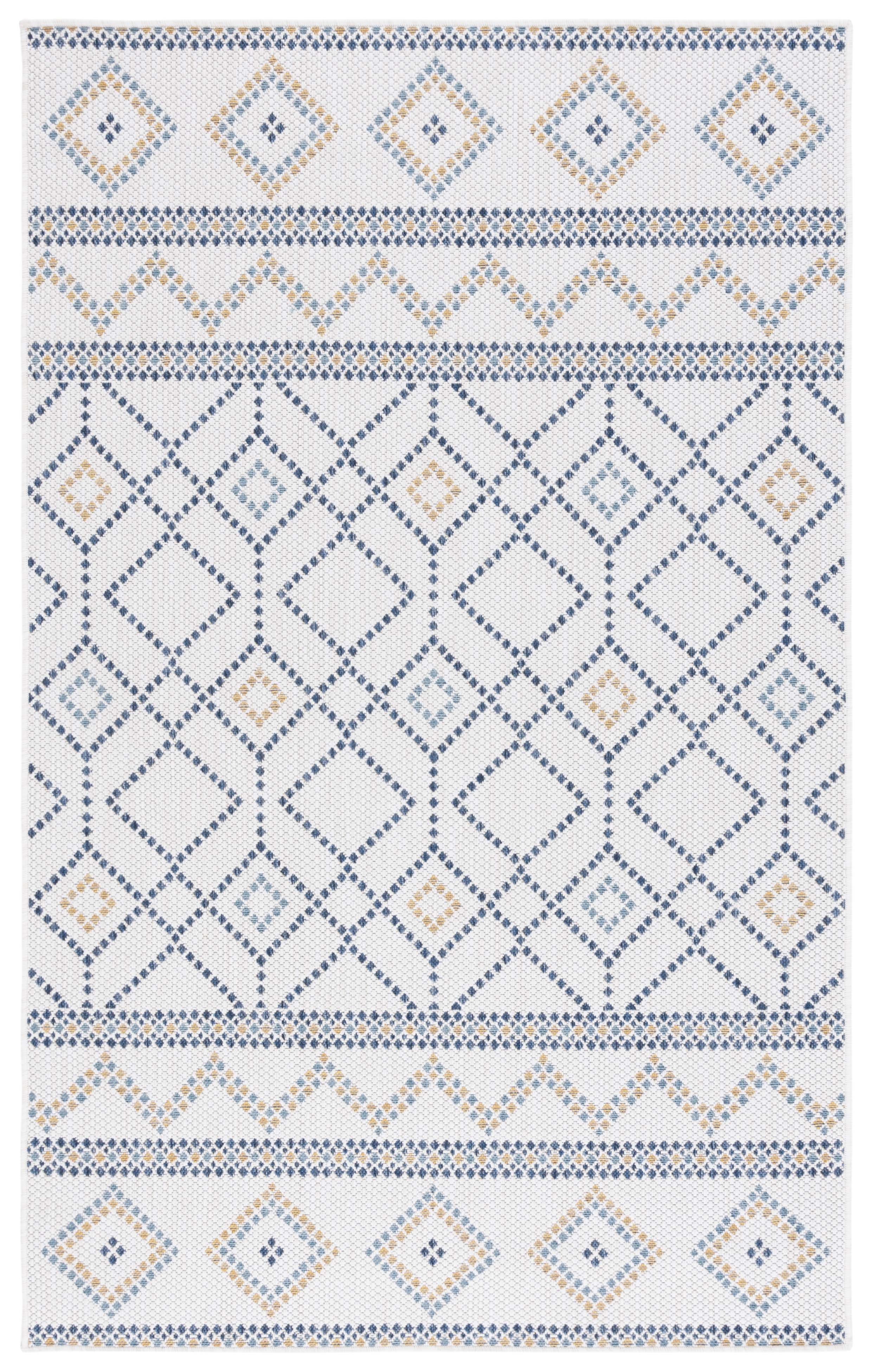 Ivory and Navy Geometric Synthetic Indoor/Outdoor Rug