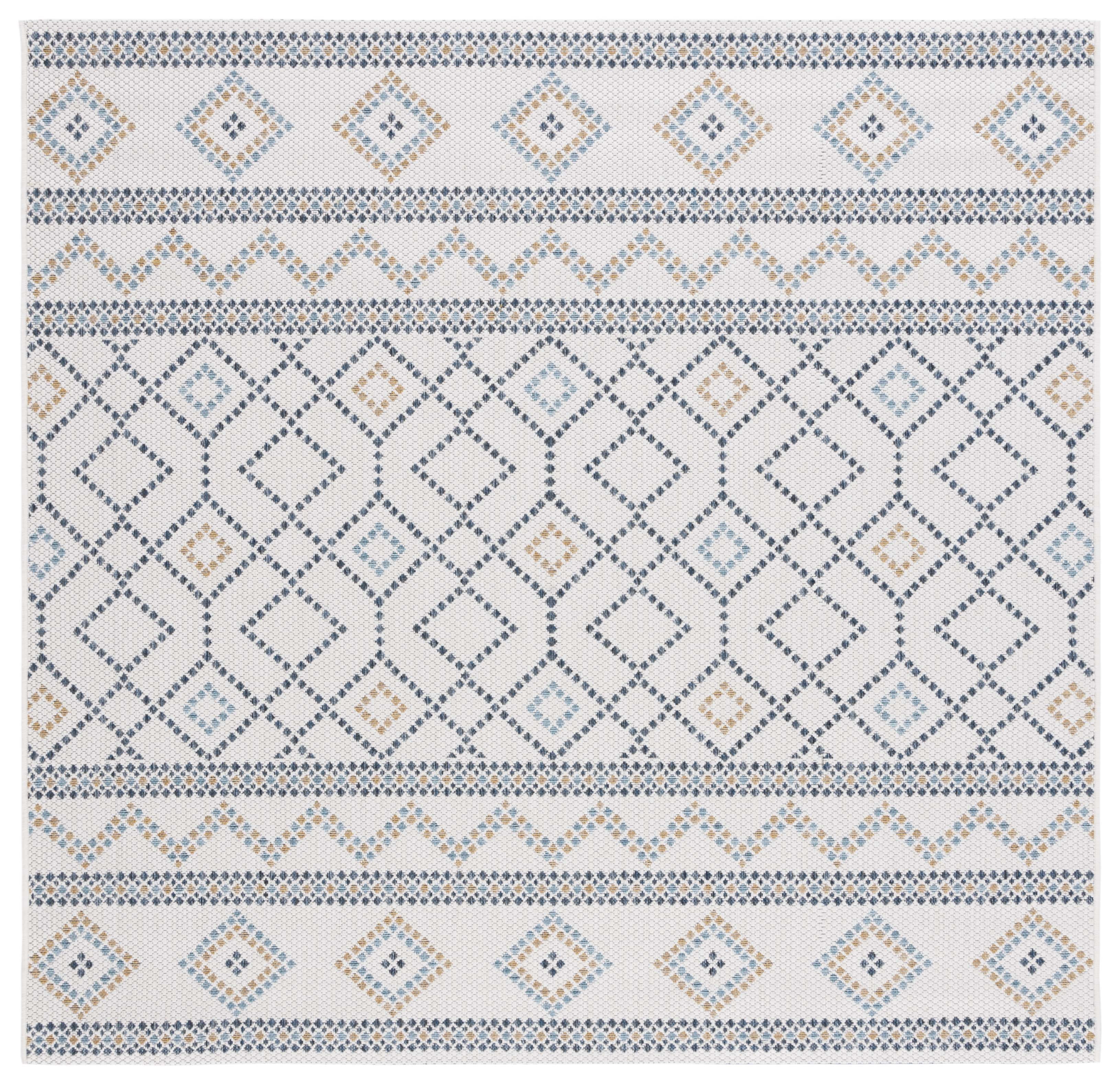 Ivory and Navy Yellow Geometric Square Indoor/Outdoor Rug