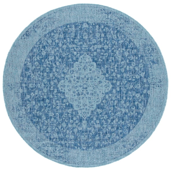 SAFAVIEH Courtyard Kebo Medallion Indoor/Outdoor Area Rug, Navy/Aqua, 6'7" x 6'7" Round
