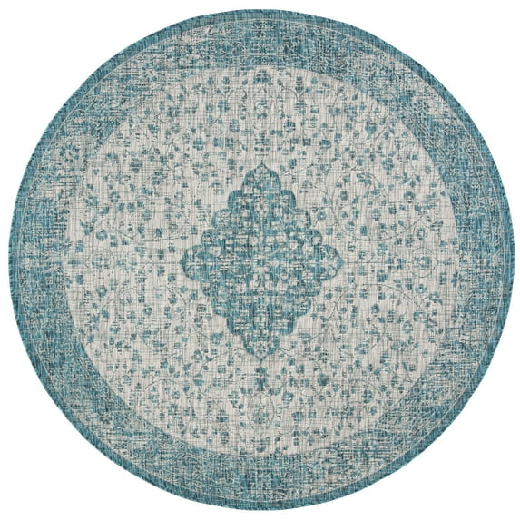 SAFAVIEH Courtyard Kebo Medallion Indoor/Outdoor Area Rug, Teal/Cream, 6'7" x 6'7" Round