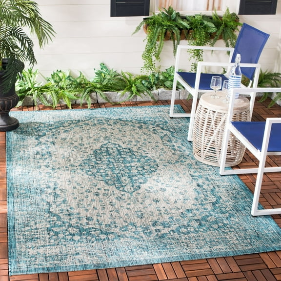 SAFAVIEH Courtyard Kebo Medallion Indoor/Outdoor Area Rug, Teal/Cream, 6'7" x 9'6"