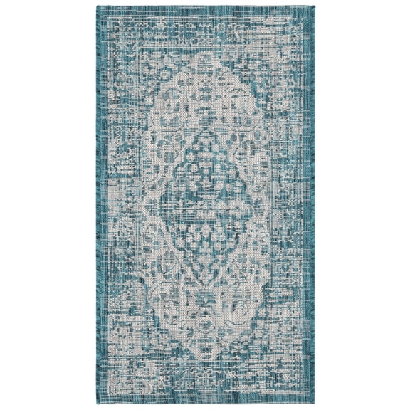 SAFAVIEH Courtyard Kebo Traditional Indoor/Outdoor Area Rug, 2' x 3'7", Teal/Cream
