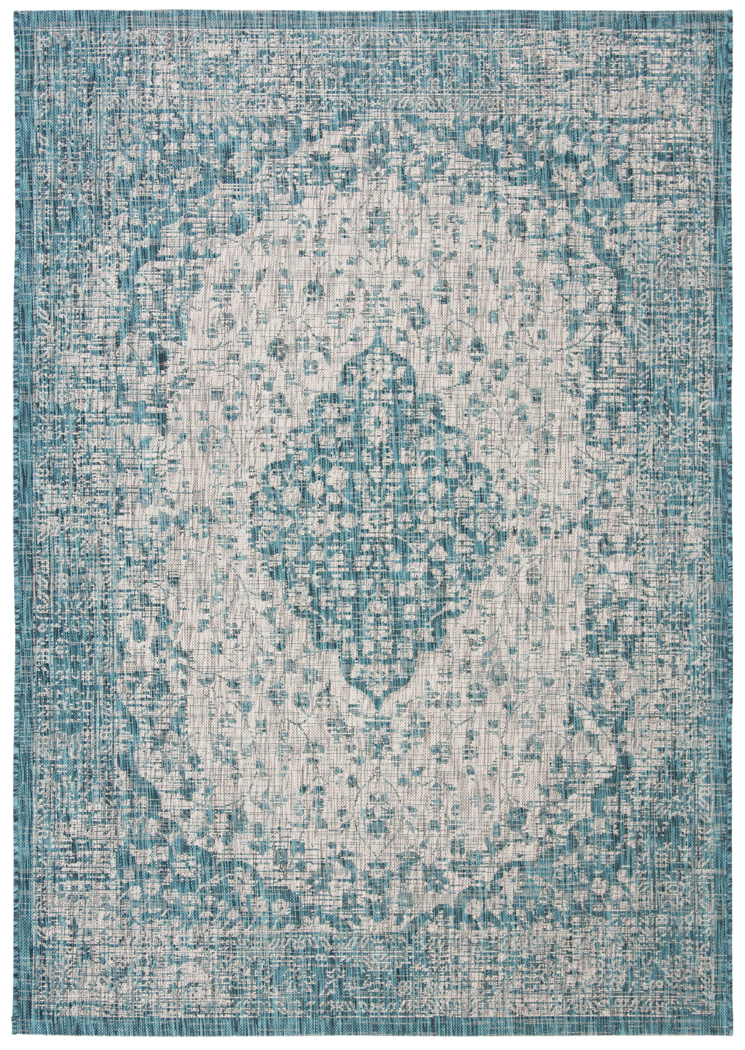 Teal and Cream Rectangular Reversible Synthetic Area Rug