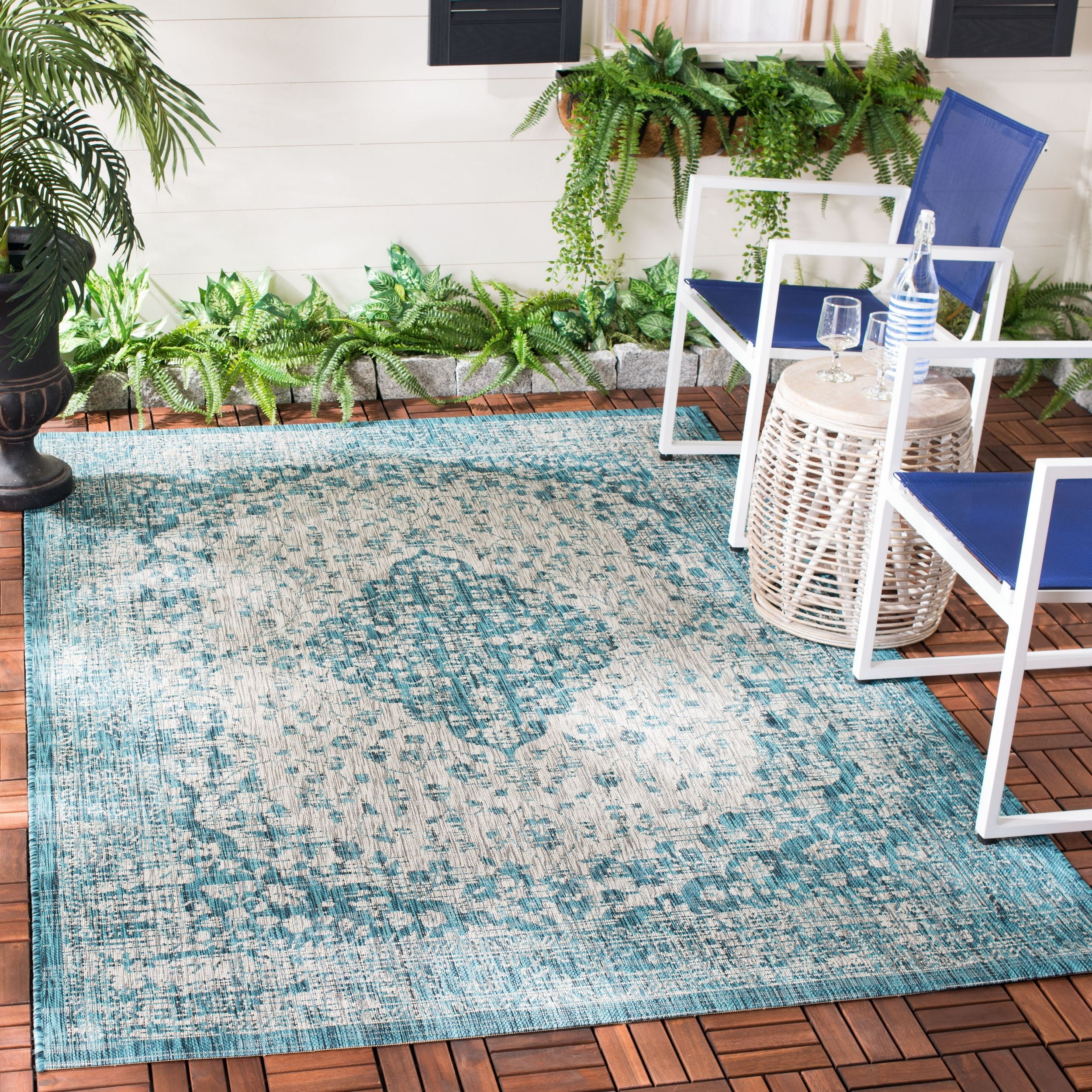 Teal and Cream 5'3" Square Synthetic Flat Woven Area Rug