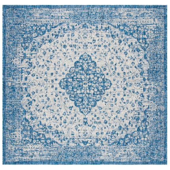 SAFAVIEH Courtyard Kebo Traditional Indoor/Outdoor Area Rug, 6'7" x 6'7" Square, Blue/Grey