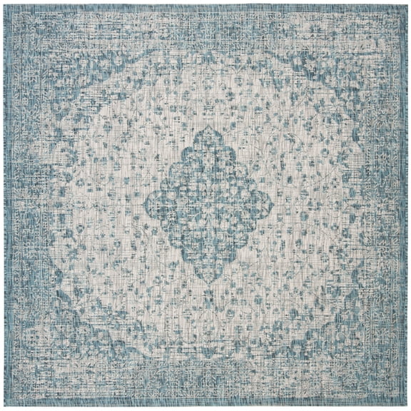 SAFAVIEH Courtyard Kebo Traditional Indoor/Outdoor Area Rug, 6'7" x 6'7" Square, Teal/Cream