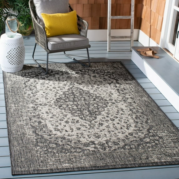 SAFAVIEH Courtyard Kebo Traditional Indoor/Outdoor Area Rug, 8' x 10', Black/Grey