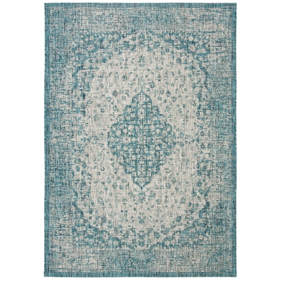 SAFAVIEH Courtyard Kebo Traditional Indoor/Outdoor Area Rug, 9' x 12', Teal/Cream
