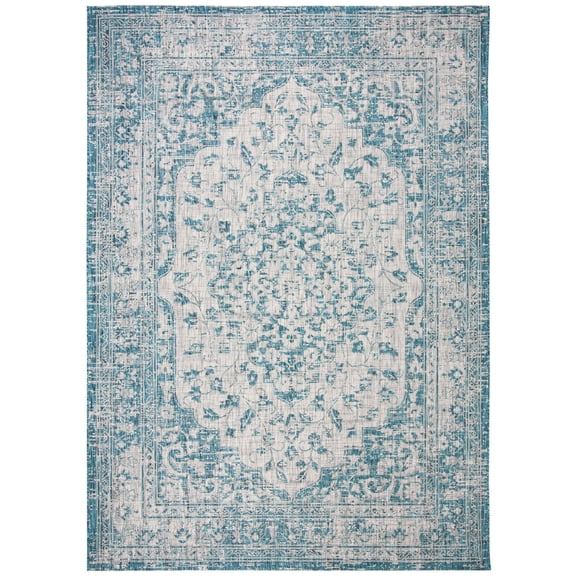 SAFAVIEH Courtyard Kebo Traditional Indoor/Outdoor Area Rug, 9' x 12', Teal/Cream
