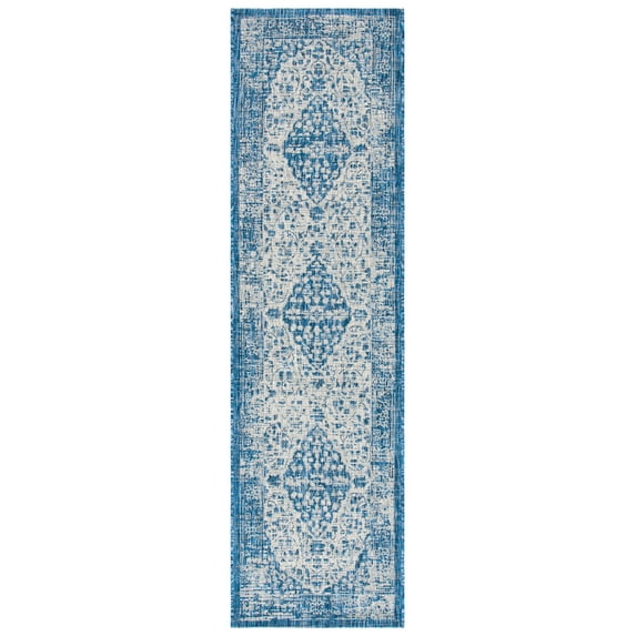 SAFAVIEH Courtyard Kebo Traditional Indoor/Outdoor Runner, 2'3" x 8', Blue/Grey