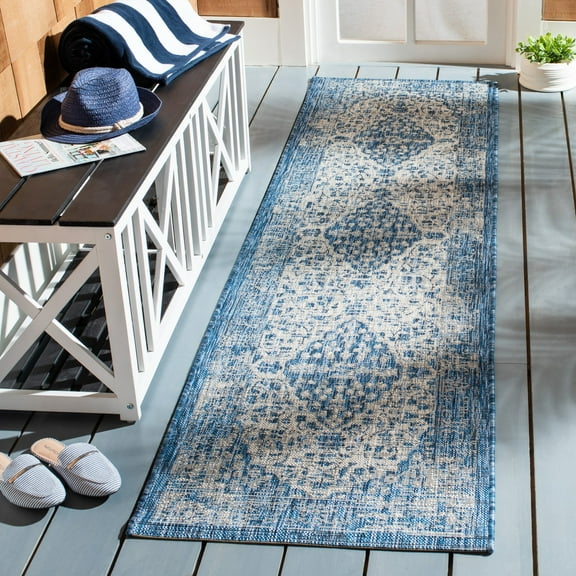 SAFAVIEH Courtyard Kebo Traditional Indoor/Outdoor Runner, 2'3" x 8', Blue/Grey