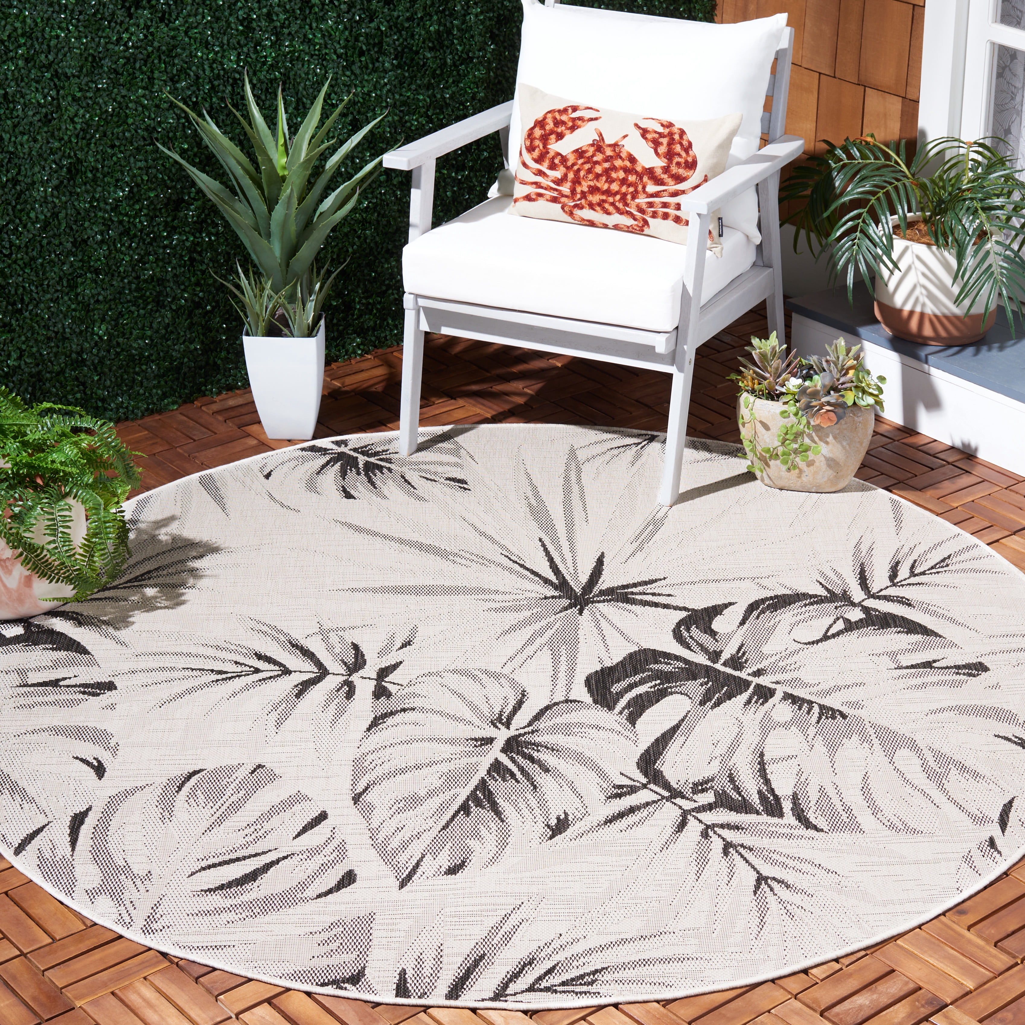 Safavieh Courtyard Keelan Botanical Indoor/Outdoor Area Rug, Ivory/Black, 6'7" x 6'7" Round