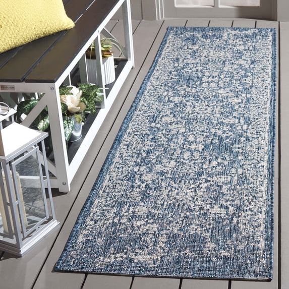 SAFAVIEH Courtyard Kiro Traditional Indoor/Outdoor Runner, 2'3" x 8', Navy/Grey