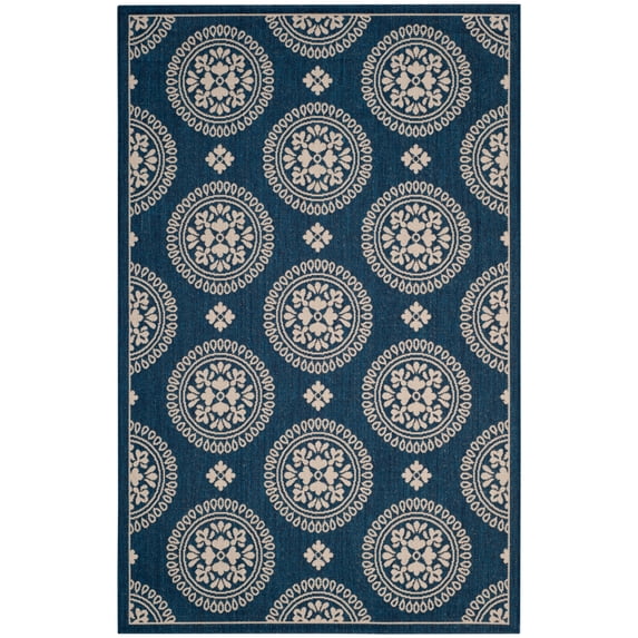 SAFAVIEH Courtyard Kirsten Geometric Indoor/Outdoor Area Rug, Navy, 6'7" x 6'7" Round