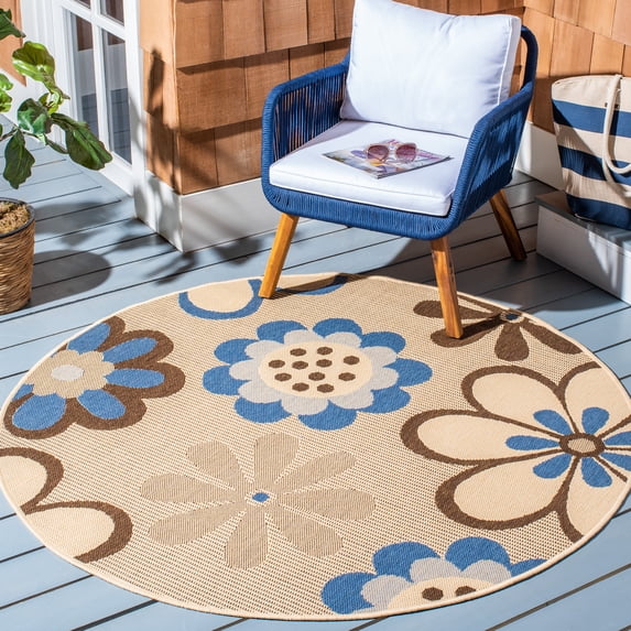 SAFAVIEH Courtyard Kristopher Floral Indoor/Outdoor Area Rug, 5'3" x 5'3" Round, Natural Brown/Blue
