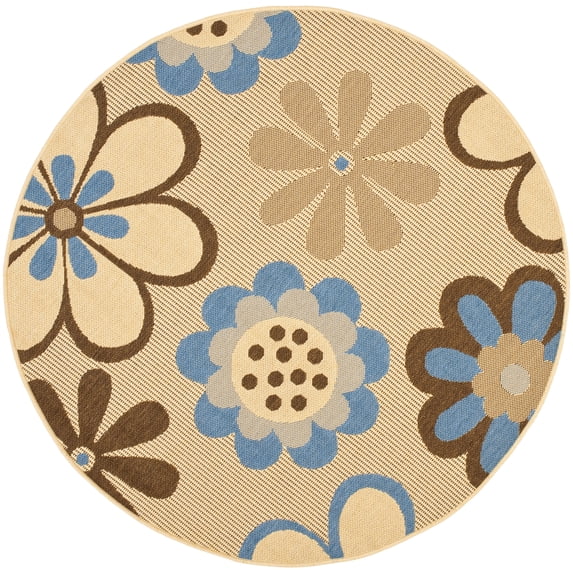 SAFAVIEH Courtyard Kristopher Floral Indoor/Outdoor Area Rug, 5'3" x 5'3" Round, Natural Brown/Blue