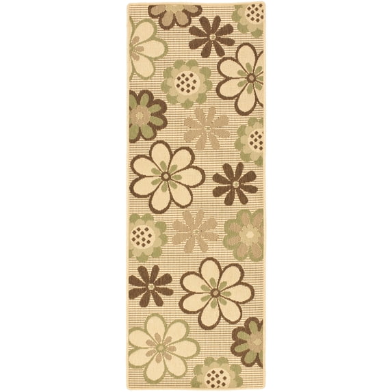 SAFAVIEH Courtyard Kristopher Floral Indoor/Outdoor Runner Rug, 2'3" x 6'7", Natural Brown/Olive