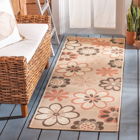 SAFAVIEH Courtyard Kristopher Floral Indoor/Outdoor Runner Rug, Natural Brown/Terracotta, 2'3" x 6'7"