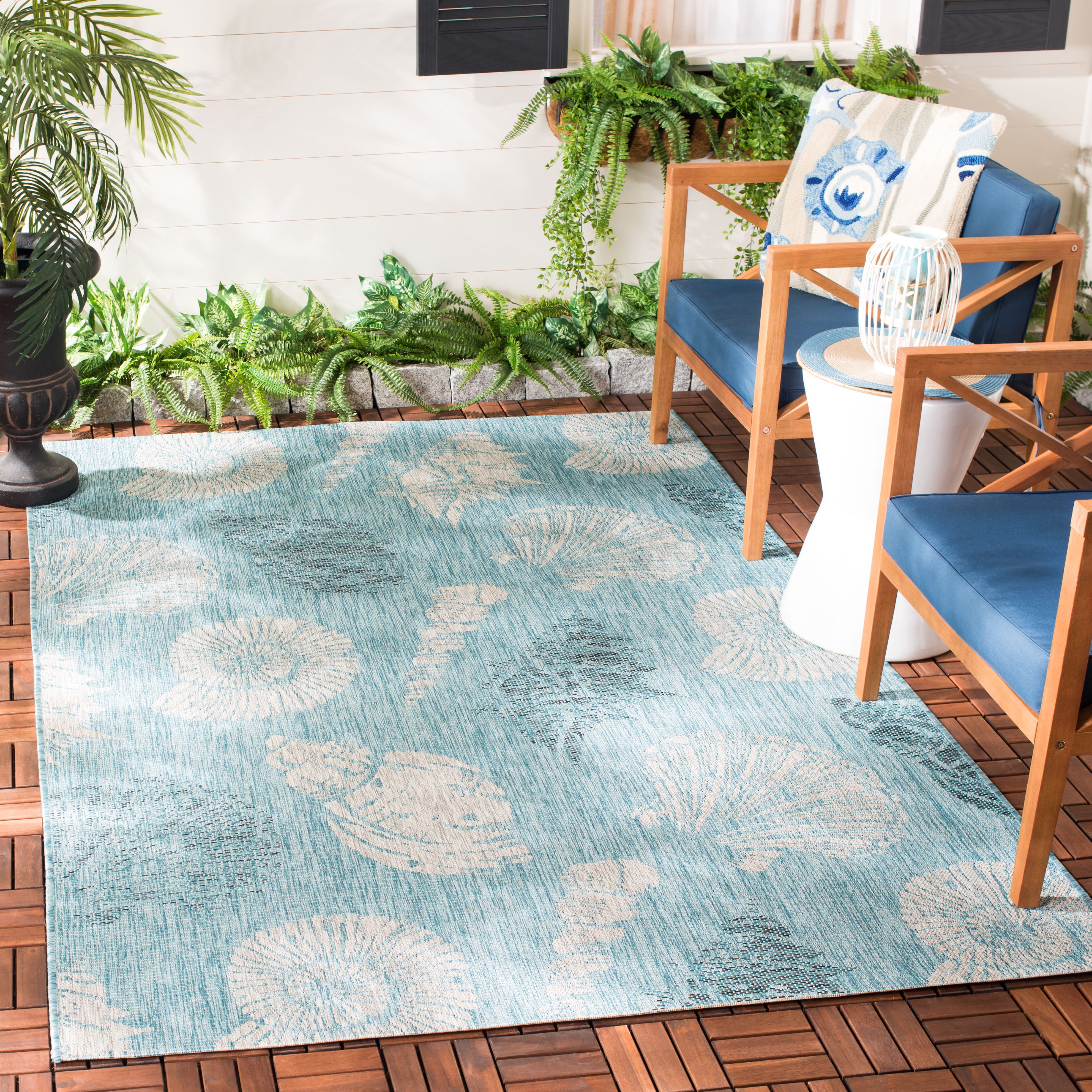 SAFAVIEH Courtyard Larry Geometric Indoor/Outdoor Area Rug, Aqua/Cream, 4' x 5'7"