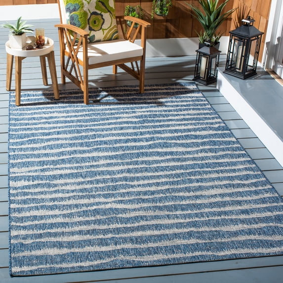 SAFAVIEH Courtyard Lilly Striped Indoor/Outdoor Area Rug, Navy/Grey, 5'5" x 7'7"