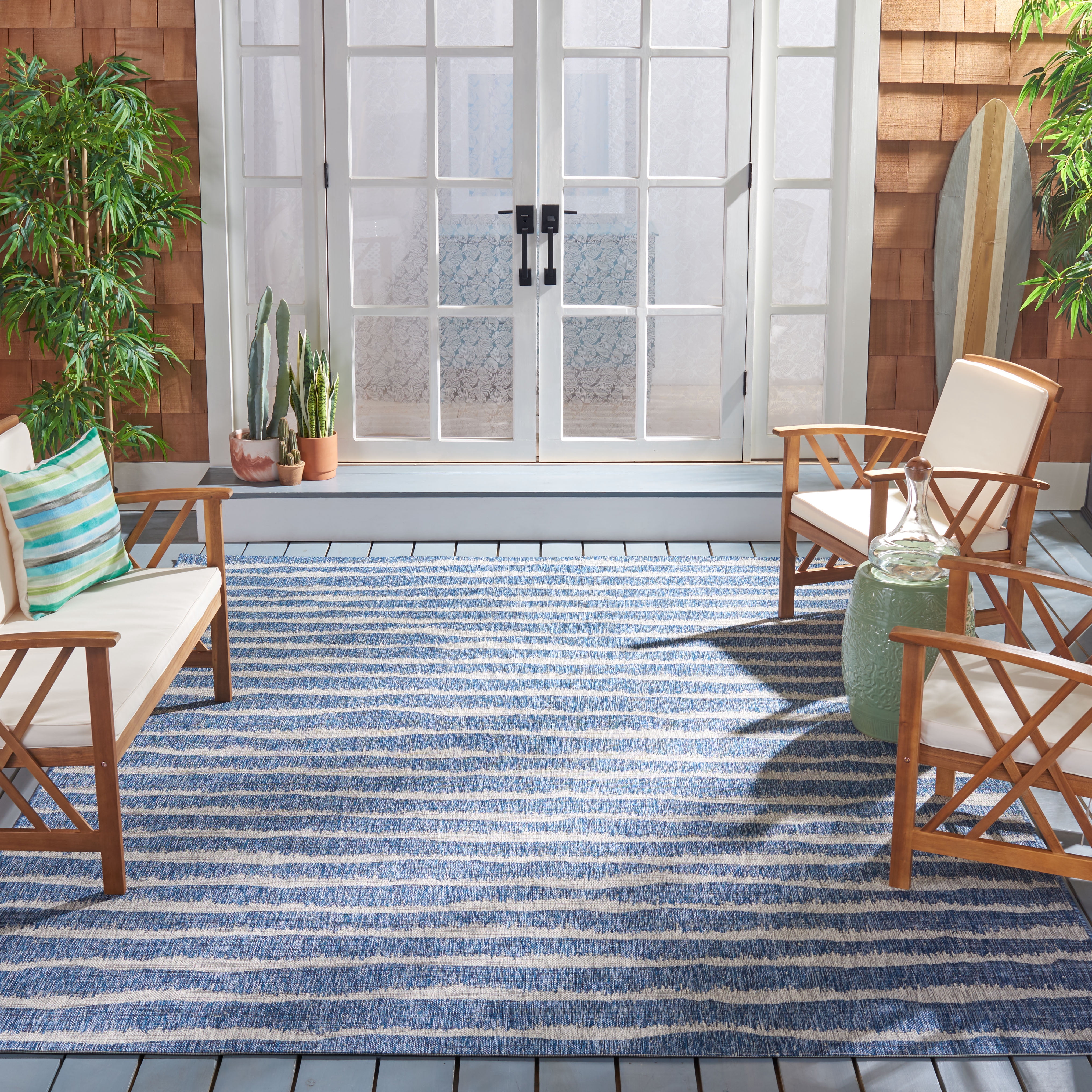 SAFAVIEH Courtyard Lilly Striped Indoor/Outdoor Area Rug, Navy/Grey, 6'7" x 6'7" Square