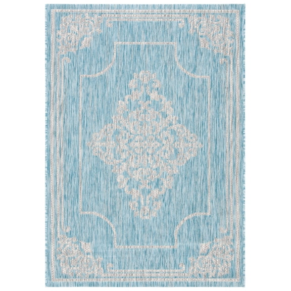 SAFAVIEH Courtyard Lula Traditional Indoor/Outdoor Area Rug, 4' x 5'7", Aqua/Grey