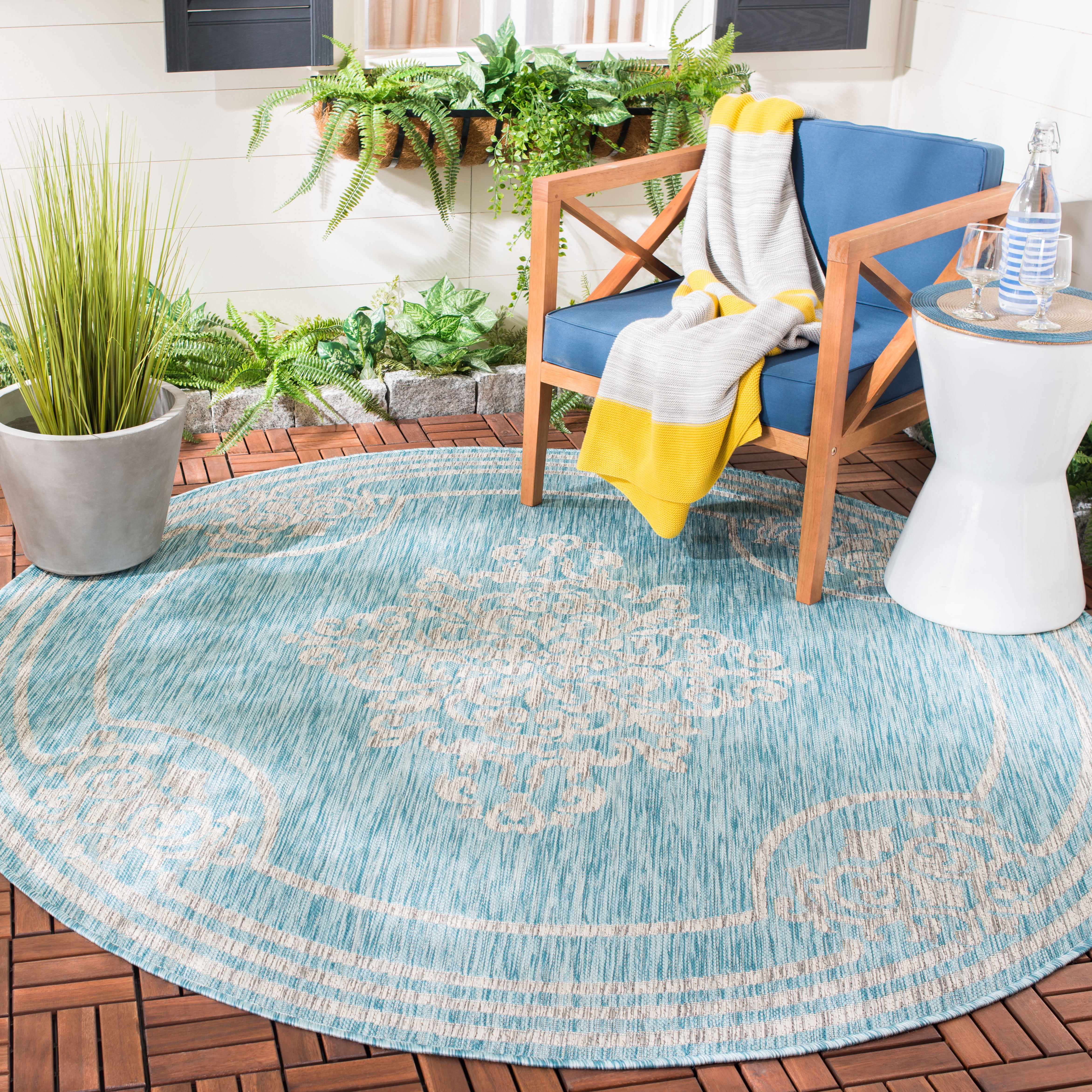 Safavieh Courtyard Lula Oriental Indoor/Outdoor Area Rug, Aqua/Gray, 6'7" x 6'7" Round