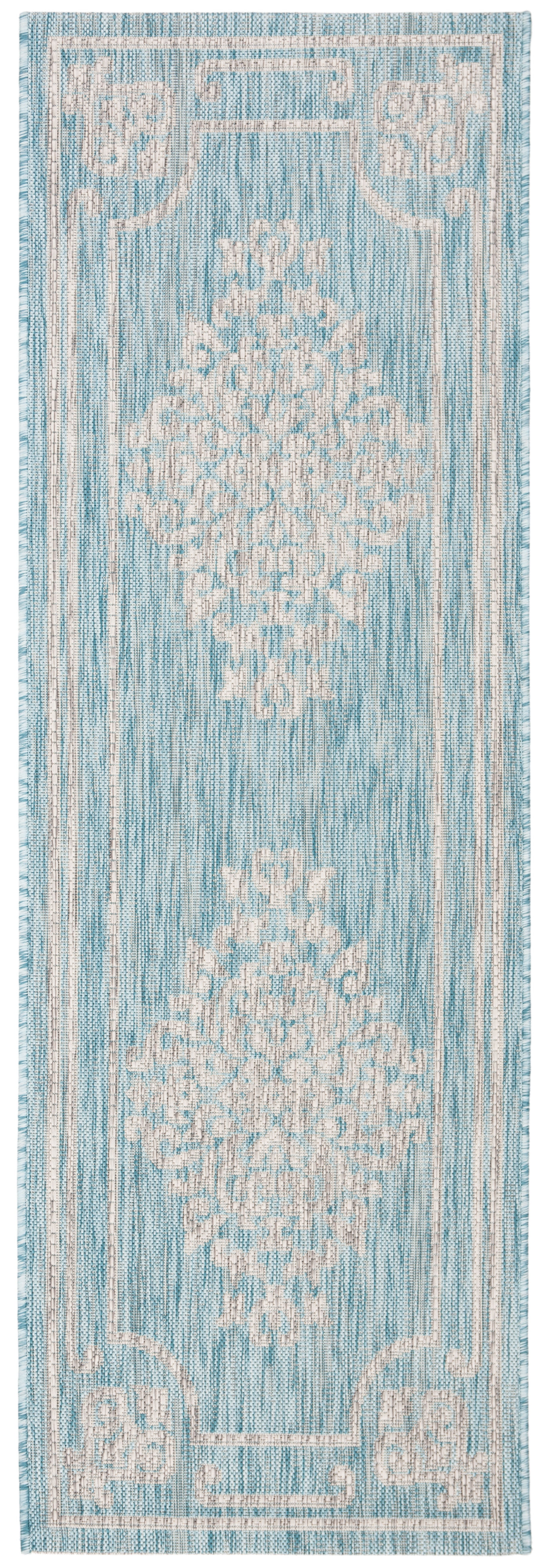 Aqua and Gray Synthetic Indoor/Outdoor Runner Rug